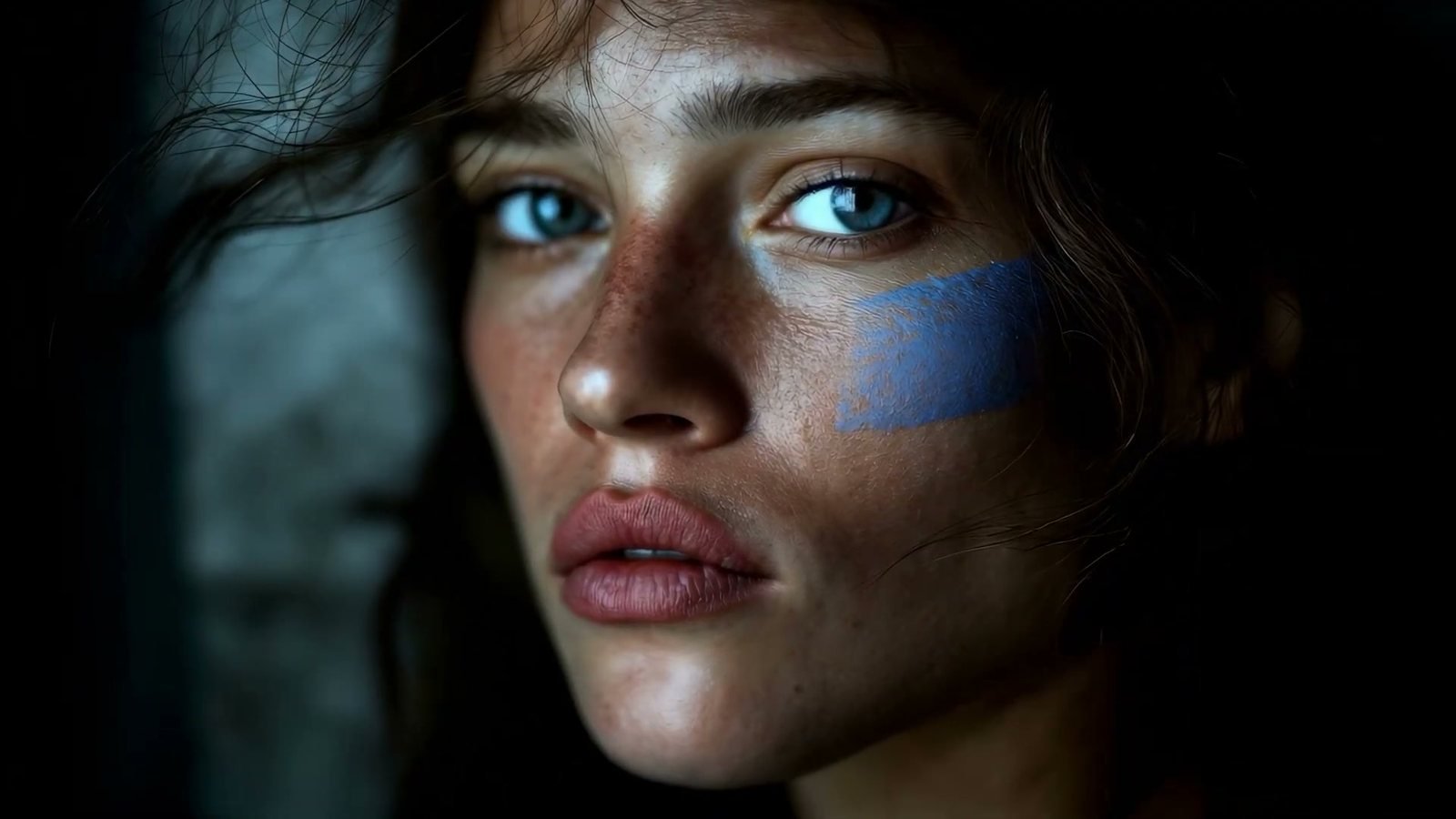 A model's face with a stroke of blue paint in the film for Nouvelle